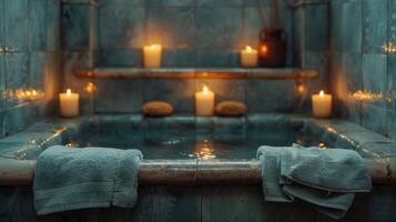 Bathtub Filled With Candles Next to Window photo