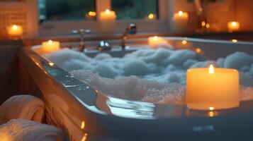 Bathtub Filled With Candles Next to Window photo