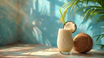 Coconut With Straw on Table photo