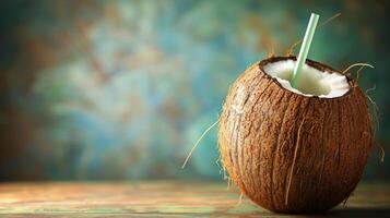 Coconut With Straw on Table photo