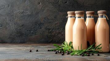 Three Bottles of Milk Hanging on a Wall photo