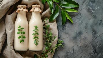 Three Bottles of Milk and Daisies on a Table photo