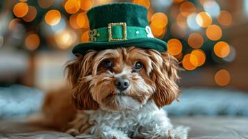 Small Dog Wearing Knitted Hat photo