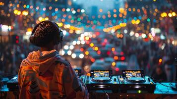 DJ Mixing on Turntable Amid Colored Smoke photo