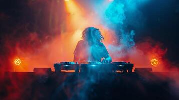 DJ Mixing on Turntable Amid Colored Smoke photo