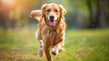 Golden Retriever Running Through Grassy Field photo