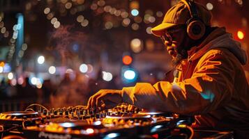 DJ Mixing Music in Front of a Crowd photo