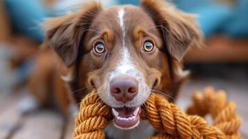 Brown Dog Holding Yellow Rope in Mouth photo