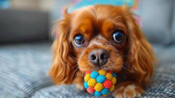 Dog Holding Toy in Mouth photo