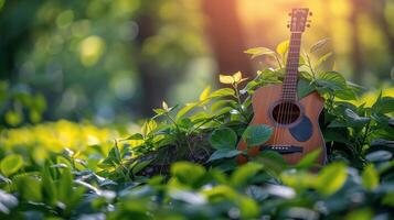 pequeño guitarra en lozano verde campo foto