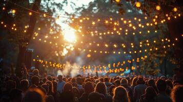 multitud de personas en pie debajo cuerda de luces foto