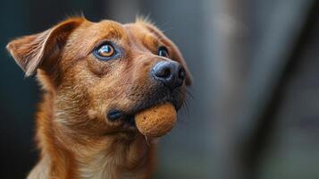 Brown Dog Holding Yellow Rope in Mouth photo