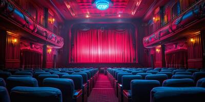 vacío teatro con rojo cortinas y asientos foto