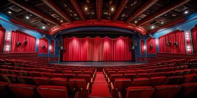 vacío teatro con rojo cortinas y asientos foto