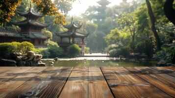 Wooden Table Top By Pond photo