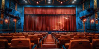 vacío teatro con rojo cortinas y asientos foto