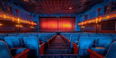 vacío teatro con rojo cortinas y asientos foto