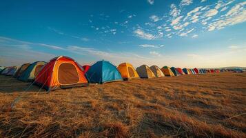 Row of Tents on Dry Grass Field photo