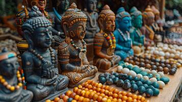 Row of Totem Poles on Wooden Table photo