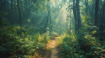 Sunlight Filtering Through Trees on Forest Path photo