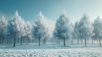 nieve cubierto campo con arboles en antecedentes foto