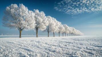 nieve cubierto campo con arboles en antecedentes foto