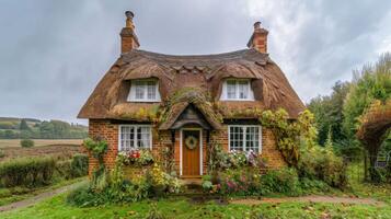 Thatched Roof House Surrounded by Flowers photo