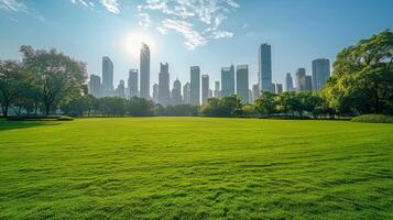 herboso campo con ciudad en antecedentes foto