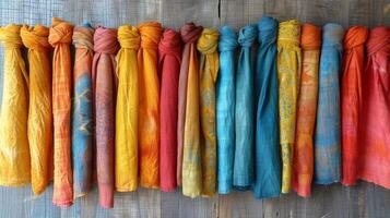 Row of Different Colored Scarves Hanging on Wall photo