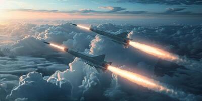 Two Jets Flying Through Clouds With Rockets photo