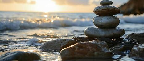 AI generated Against the backdrop of a serene sunset, harmonious stack of smooth pebbles of meditation and mindfulness, a symbol of balance and harmony with nature photo