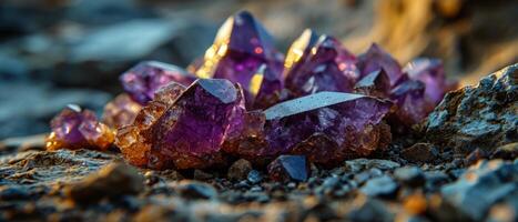 ai generado lustroso crudo amatista cristal racimos anidado entre rocas, mostrando su natural púrpura esplendor foto