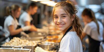 AI generated Smiling young girl wearing an apron and gloves helping in a food preparation line with other volunteers in the background photo