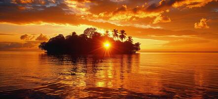 majestuoso puesta de sol con palma arboles y isla en Oceano foto