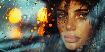 Womans Face Close Up Through Rain Covered Window photo
