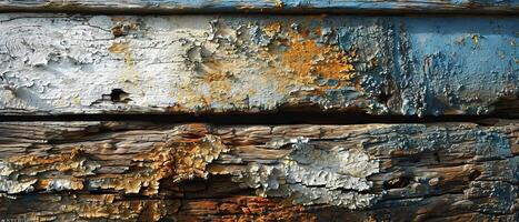 AI generated Natural decay with this rough, old wooden surface. Its textured pattern and weathered appearance tell a story of time and nature's touch photo