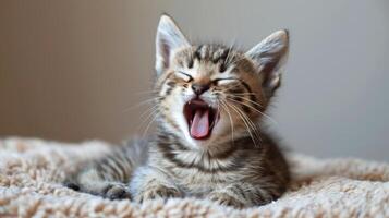 Small Kitten Yawns on Blanket photo