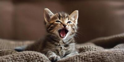 Kitten Yawns on Blanket photo