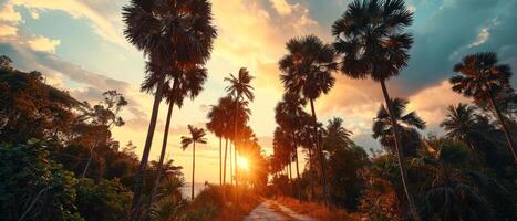 AI generated Experience the breathtaking beauty of a tropical sunset with this stunning landscape featuring towering palm trees against a backdrop of fiery orange and yellow hues photo