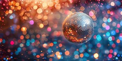 AI generated Sparkling mirror ball against a backdrop of multicolored light spots, giving a feel of a dance floor or celebration photo