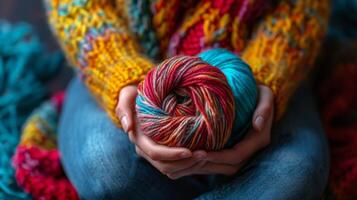 Two Hands Holding Balls of Yarn Against Rainbow Colored Background photo