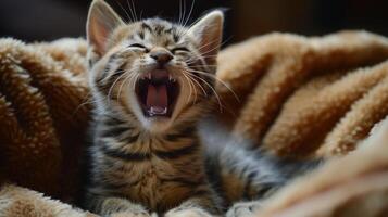 Kitten Yawns on Blanket photo