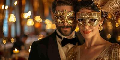 AI generated Sophisticated couple dressed in elegant evening attire wearing ornate golden masquerade masks with feathers, posing in a dimly lit ambiance. photo