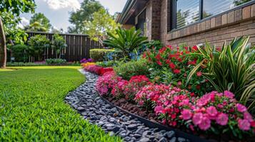 A Garden With Flowers and Rocks in the Grass photo