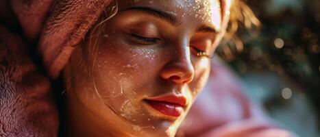 AI generated Against a backdrop of serene white towels, the young woman basks in the tranquility of the spa, her glowing complexion reflecting the benefits of expert care photo