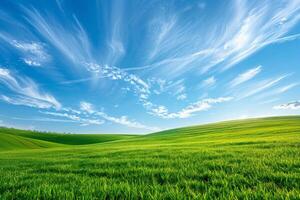 ai generado barriendo prado con vibrante verde césped líder a en capas colinas debajo un brillante azul cielo con tenue nubes foto
