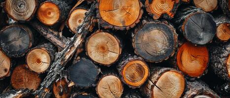 AI generated Close-up view of stacked wood logs, highlighting the intricate patterns of tree rings and textures. photo