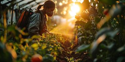 AI generated Dedicated Female Farmer Tending to Organic Plants photo