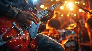 hombre jugando rojo guitarra en banda foto