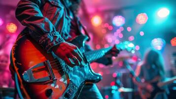 hombre jugando rojo guitarra en banda foto